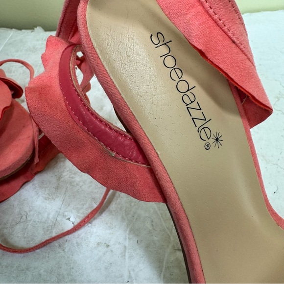 ShoeDazzle Shirah Ruffle Lace Up Heels Coral Pink Sandals Strap Adjustable Shoes - Picture 15 of 16